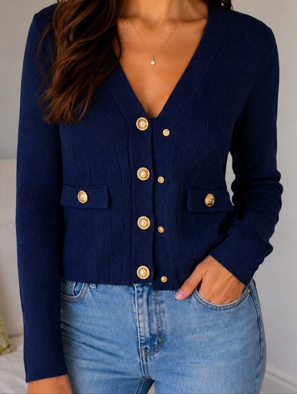 Chuduomi Navy Knit V-Neck Cardigan Gold Buttons - Read Description